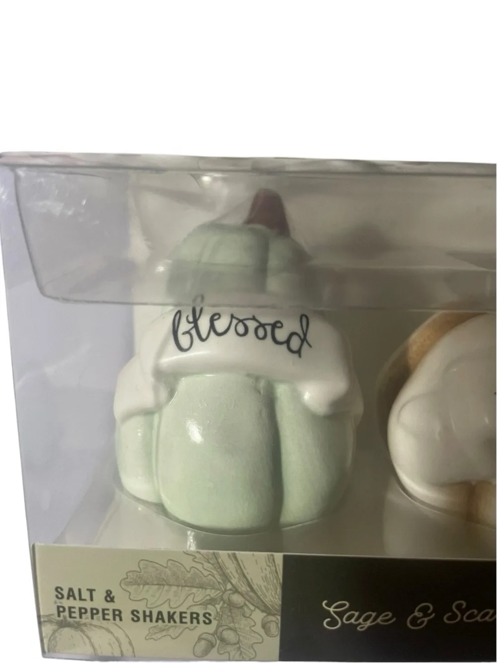 'Blessed' and 'Thankful' Ceramic Salt & Pepper Shaker Set - Pastel Green & Cream
